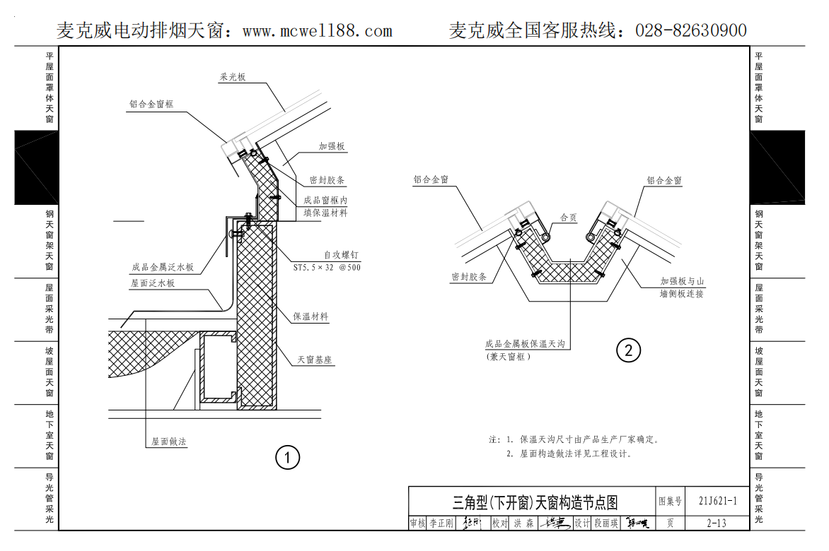 21cj33三角型下开式天窗构造节点示意图